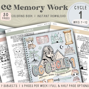 Puede incluir: Un libro para colorear en blanco y negro para niños con ilustraciones de animales, figuras históricas y mapas. El libro se titula "CC Cycle 1 Memory Work Coloring Book" e incluye 30 páginas.