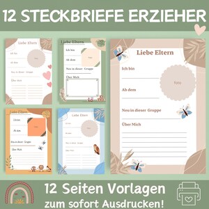 May include: Four printable templates for teacher introduction letters. Each template features a different color scheme and design with butterflies, birds, and leaves. The text on the templates reads "Liebe Eltern" which translates to "Dear Parents" in English. The templates are designed for use in a classroom setting.