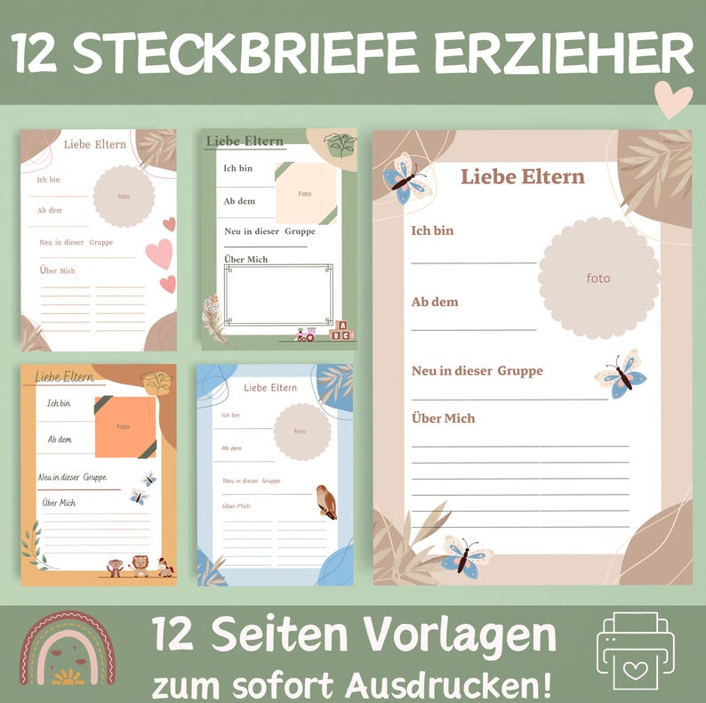 May include: Four printable templates for teacher introduction letters. Each template features a different color scheme and design with butterflies, birds, and leaves. The text on the templates reads "Liebe Eltern" which translates to "Dear Parents" in English. The templates are designed for use in a classroom setting.