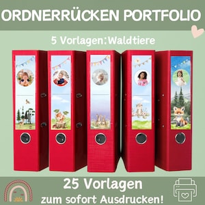 May include: Five red binders with colourful labels featuring woodland animal illustrations and photos of children. The labels have the text "5 Vorlagen: Waldtiere" and "25 Vorlagen zum sofort Ausdrucken!" printed on them.