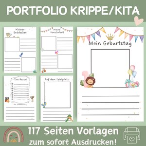 May include: A set of printable portfolio pages for children in preschool or kindergarten. The pages feature colorful illustrations and lines for writing or drawing. The pages are titled "My Birthday", "Little Explorer", "Preschool", "The Recipe", and "On the Playground".