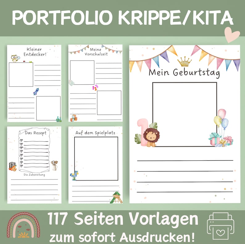 May include: A set of printable portfolio pages for children in preschool or kindergarten. The pages feature colorful illustrations and lines for writing or drawing. The pages are titled "My Birthday", "Little Explorer", "Preschool", "The Recipe", and "On the Playground".