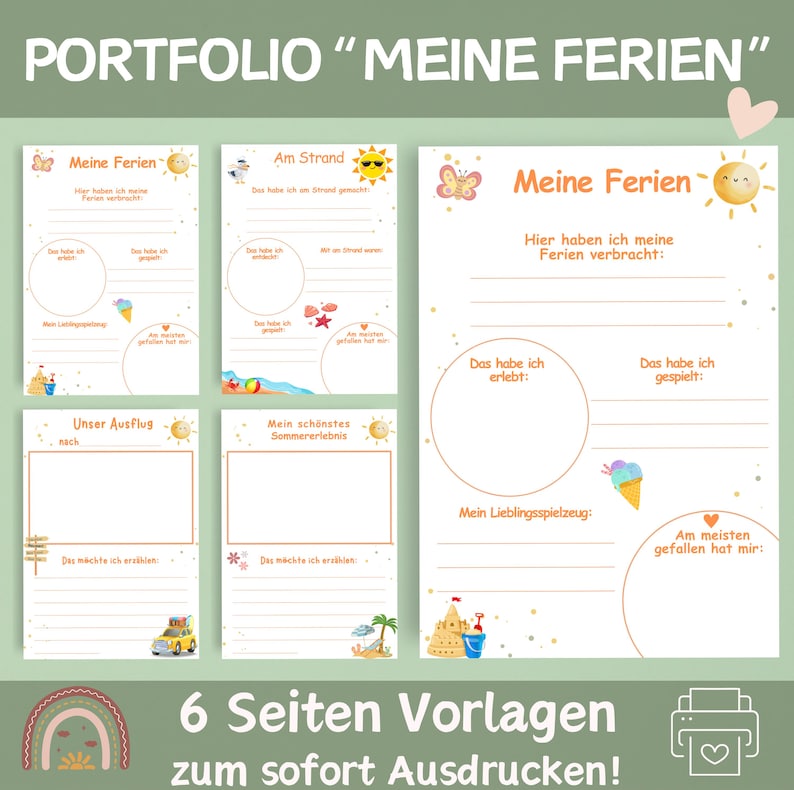 May include: A printable portfolio for kids to document their summer vacation. The portfolio includes six pages with prompts like "My Summer Vacation", "At the Beach", "My Favorite Toy", and "My Favorite Memory".