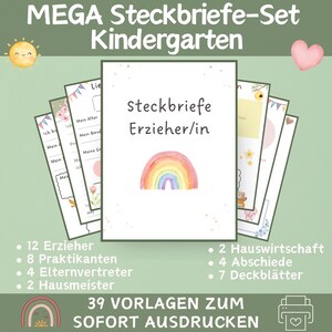 Peut inclure: Ensemble de formulaires de maternelle imprimables avec le texte "MEGA Steckbriefe-Set Kindergarten". Les formulaires incluent "Steckbriefe Erzieher/in" avec une illustration d'arc-en-ciel. Le texte supplémentaire énumère le nombre de formulaires pour divers rôles.