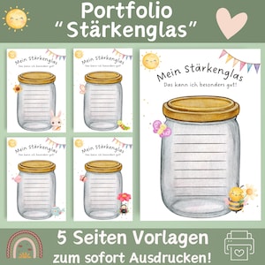 Könnte beinhalten: Ein digitaler Download eines Portfolios mit dem Titel "Stärkenglas" mit fünf druckbaren Seiten. Jede Seite zeigt eine Aquarellillustration eines Glases mit goldenem Deckel, Linien zum Schreiben und dekorativen Elementen.
