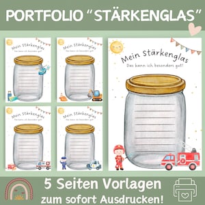 Könnte beinhalten: Fünf druckbare Seiten mit einer Aquarell-Illustration eines Glasbehälters mit gelbem Deckel und einer Sonne mit einem lächelnden Gesicht. Der Text auf der Seite lautet "Mein Stärkenglas Das kann ich besonders gut!" Die Seiten sind für Kinder gedacht, um ihre Stärken aufzuschreiben.
