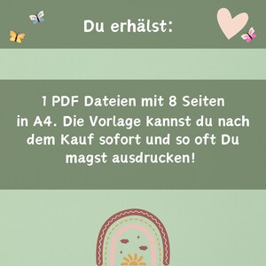 May include: A green background with a rainbow, sun, and clouds. The text reads: "Du erh&auml;lst: 1 PDF Dateien mit 8 Seiten in A4. Die Vorlage kannst du nach dem Kauf sofort und so oft Du magst ausdrucken!"