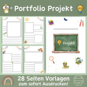 Könnte beinhalten: Eine Sammlung druckbarer Portfolio-Projektseiten mit Aquarellillustrationen. Die Seiten zeigen eine Tafel mit dem Wort "Projekt", Eulen und andere Grafiken zum Thema Schule. Der Text oben lautet "Portfolio Projekt" und der Text unten lautet "28 Seiten Vorlagen zum sofort Ausdrücken!"
