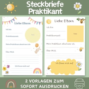 Könnte beinhalten: Zwei druckbare Vorlagen mit dem Text "Steckbriefe Praktikant" und "Liebe Eltern". Die Vorlagen haben Platz für Informationen, einschließlich eines Fotos, und sind mit Aquarellillustrationen einer Sonne, Blumen, eines Hasen und eines Regenbogens verziert.