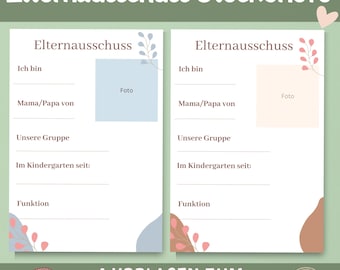 May include: Two printable templates for parent committee member profiles. Each template has a light blue or pink background with floral accents. The text reads "Elternausschuss Steckbriefe" and includes fields for name, role, and a photo.