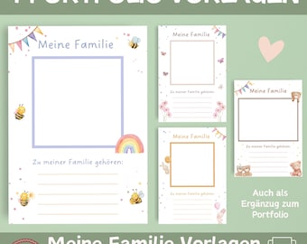 May include: Four printable templates for a family portfolio. Each template features a colorful design with bees, flowers, and rainbows. The text "Meine Familie" (German for "My Family") is included on each template.