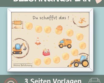 May include: A printable reward chart featuring a construction theme. The chart has a yellow background with a white border and includes images of construction vehicles, tools, and a construction site. The text "Du schaffst das!" is written in German at the top of the chart. The text "Meine Belohnung" is written in German at the bottom of the chart. The chart is designed to be used as a reward system for children.