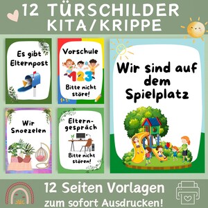 May include: Twelve colorful door signs for a daycare or preschool. The signs feature illustrations of a mailbox, children playing with numbers, a playground, a plant, and a computer. The text on the signs includes "Es gibt Elternpost", "Vorschule", "Wir sind auf dem Spielplatz", "Wir Snoezelen", and "Eltern-gespr&auml;ch".