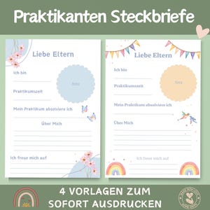 Könnte beinhalten: Zwei druckbare Vorlagen mit Aquarellillustrationen. Die Vorlagen haben Platz für ein Foto und Abschnitte mit der Bezeichnung "Ich bin", "Praktikumszeit", "Mein Praktikum absolviere ich", "Über Mich" und "Ich freue mich auf". Der Text "4 Vorlagen zum Sofort Ausdrücken" ist ebenfalls sichtbar.