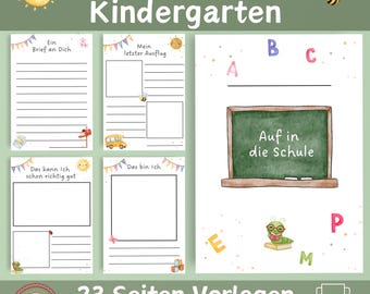 May include: A collection of printable kindergarten farewell templates. The pages feature watercolor illustrations of a sun, bees, and a school bus. Text includes "Auf in die Schule" and "23 Seiten Vorlagen zum sofort Ausdrucken!"
