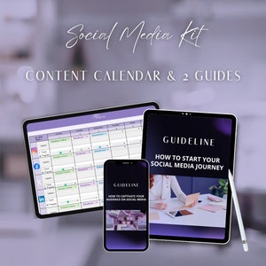 May include: A social media kit with a content calendar and two guides. The calendar is on a tablet with a white background and the guides are on a tablet and a smartphone. The guides are titled "Guideline: How to Start Your Social Media Journey" and "Guideline: How to Captivate Your Audience on Social Media".