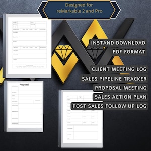 May include: A set of printable sales and client meeting log templates designed for the reMarkable 2 and Pro. The templates include a client meeting log, sales pipeline tracker, proposal meeting, sales action plan, and post sales follow up log. The templates are available for instant download in PDF format.