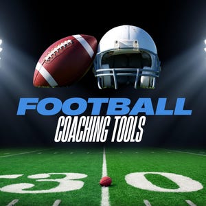 May include: A football and a helmet against a dark background with spotlights. The text "FOOTBALL COACHING TOOLS" is in the center of the image. The bottom of the image shows a green field with white yard lines and a red football.