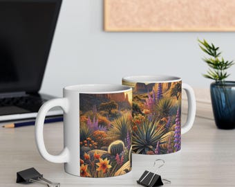 Rustic Coffee Mug, Tea Cup, Farmhouse Kitchen Decor, Gift for Coffee Lover, Wildflowers in Bloom Among Sunlit RocksCeramic Mug, (11oz, 15oz)