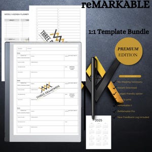 May include: A digital planner bundle featuring the text "reMARKABLE" and "1:1 Template Bundle". The image shows a digital tablet, a pen, and printable planner pages. The bundle includes a premium edition with a 2025 calendar.