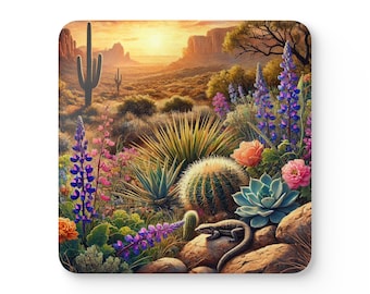 Desert Theme Coaster Set, Bold Western Style Coasters, Wildflowers in Bloom Among Sunlit Rocks , Home Decor, Gift for Western Enthusiasts