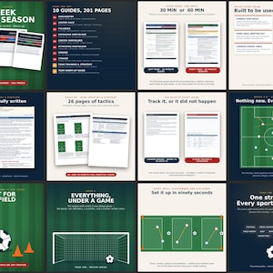 Könnte beinhalten: Eine digitale Sammlung von 10 Fußball-Trainingsleitfäden mit insgesamt 201 Seiten, die 8-wöchige Saisonpläne, taktische Diagramme, Übungsanleitungen, Spieler-Tracker und Sitzungsstrukturen für verschiedene Sportarten in einem Layout enthalten.