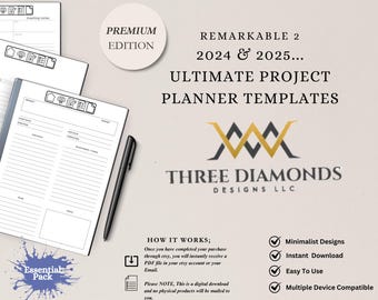 The Perfect Digital Project Planner, Templates for ReMarkable, Vision Board, Meeting Notes, Task Tracker, and Blank Pages, hyperlinked pages