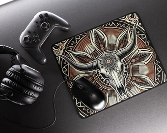 Rustic Bull Horn Mouse Pad, Wooden Texture Boho Office Desk Decor, Southwestern Bull Skull Mousepad, Tribal Design with Non-Slip Base