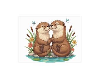 Kissing Otters illustration Unframed Print | Cute Animal Wall Art