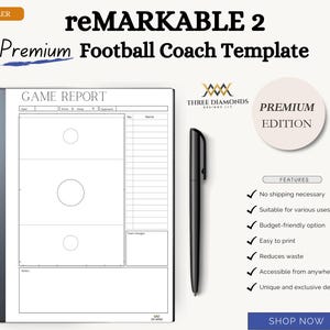 Puede incluir: Una plantilla de entrenador de fútbol imprimible en blanco y negro con el título "GAME REPORT" y el texto "reMARKABLE 2 Premium Football Coach Template" en la parte superior. La plantilla incluye un diagrama de campo con tres círculos y una tabla para registrar los nombres y los números de los jugadores.