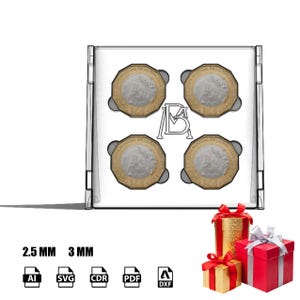 May include: A clear acrylic display stand holding four circular coins with gold-coloured rims and silver centres, each inscribed with Copa Mundial de la FIFA 2022. Below are text labels 2.5 MM and 3 MM, file format icons, and two gift boxes.