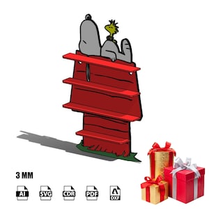 Könnte beinhalten: Ein rotes Wandregal in Form einer Hundehütte mit einem grauen Hund und einem gelben Vogel oben. Das Regal hat drei horizontale Ebenen und enthält den Text 3 mm sowie Symbole für die Dateiformate AI, SVG, CDR, PDF und DXF.