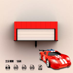 May include: A red toy race car with white stripes and the number 8, next to a red garage model. The garage model has a white door and a red roof. The text "2.5 MM 1:64" is visible, along with file type icons.