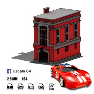 Puede incluir: Un modelo de edificio rojo y gris con una puerta de garaje y un coche deportivo rojo delante. El edificio está etiquetado como "Escala 64" y "2.5 MM 1:64". El edificio está hecho de papel y es un modelo de estación de bomberos.