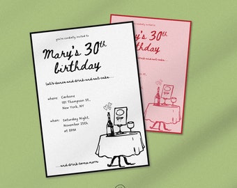 Hand-Drawn Birthday Dinner Party Invite: Retro Doodle (Canva Digital Download)