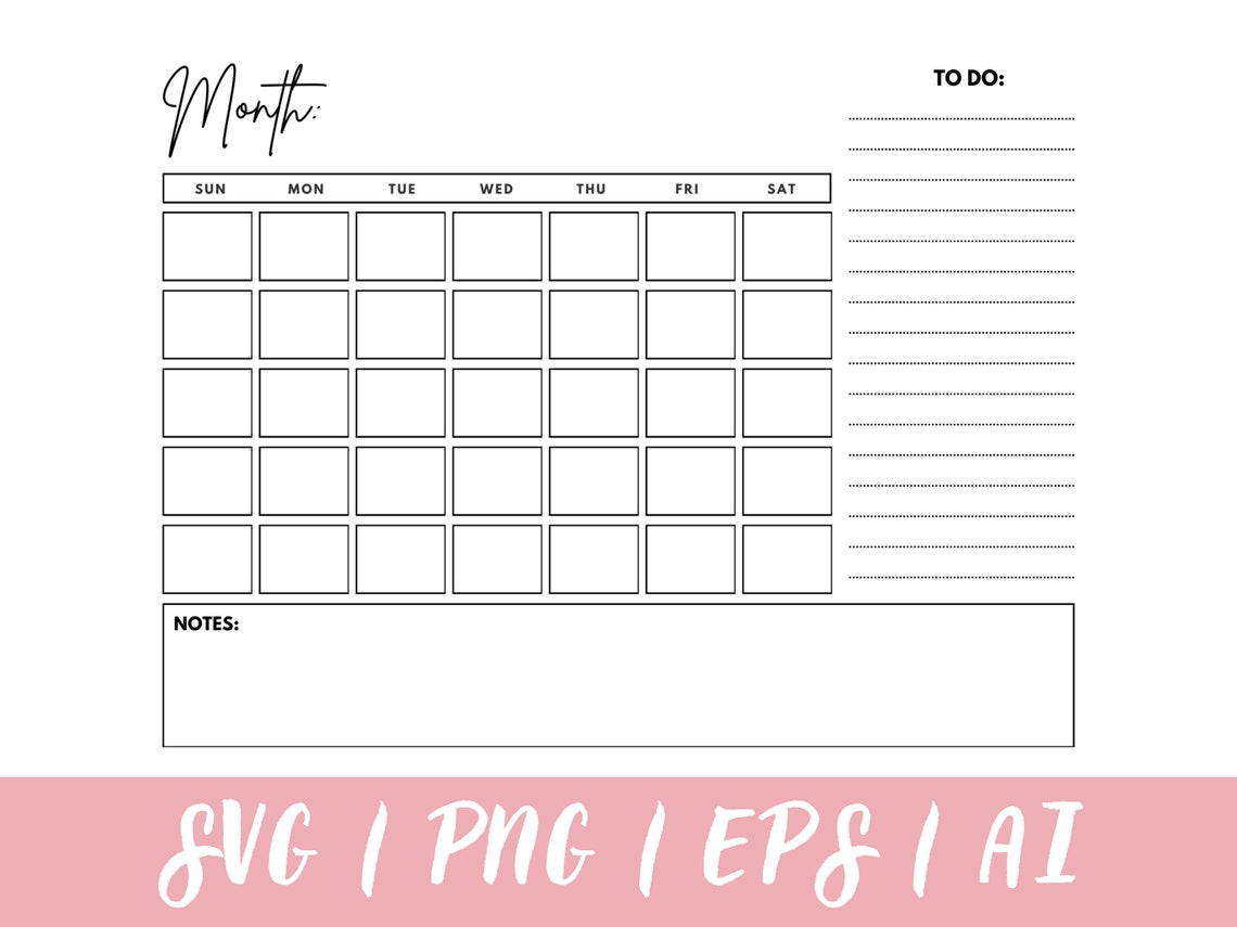Monthly Blank Calendar Svg, Digital Download Clipart Calendar Printable ...
