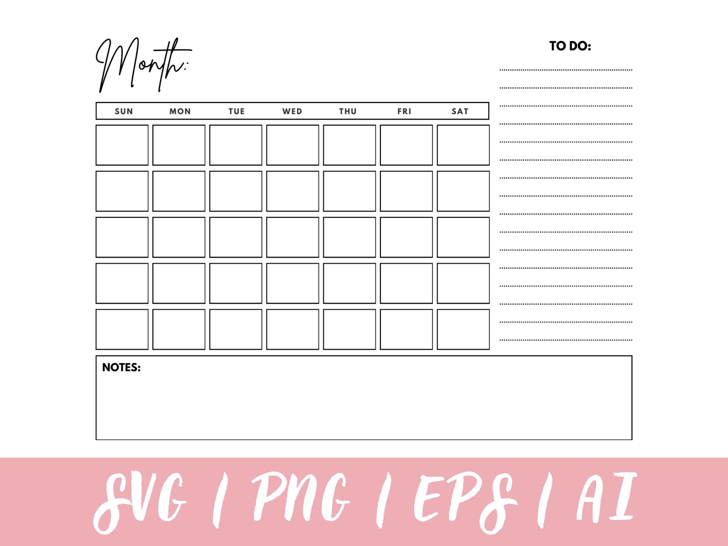 Monthly Blank Calendar Svg, Digital Download Clipart Calendar Printable ...