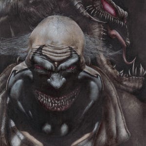 May include: A dark illustration featuring a bald, menacing figure with black face paint, red eyes, and sharp teeth, wearing a striped garment. Behind the figure looms a monstrous creature with glowing red eyes, a long tongue, and jagged teeth.