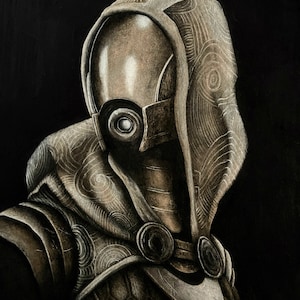 May include: A black and white drawing of a hooded figure with a detailed, intricate design on the hood. The figure has a circular, metallic face with a single, large eye.