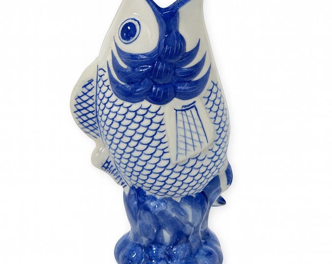 Koi Fish Vase Pitcher Carp Porcelain Ceramic | Vintage Blue and White Chinoiserie Grand Millennial Chinese Oriental Home Decor Decorative