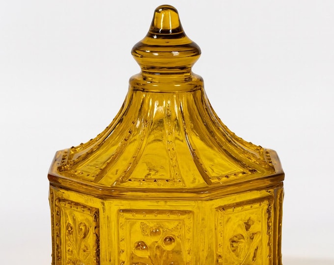 Candy Dish Trinket Lidded Butter Pat | Imperial Glass Amber Orange Octagon | Birds Flowers | Collectible Glassware | Mid Century Vintage