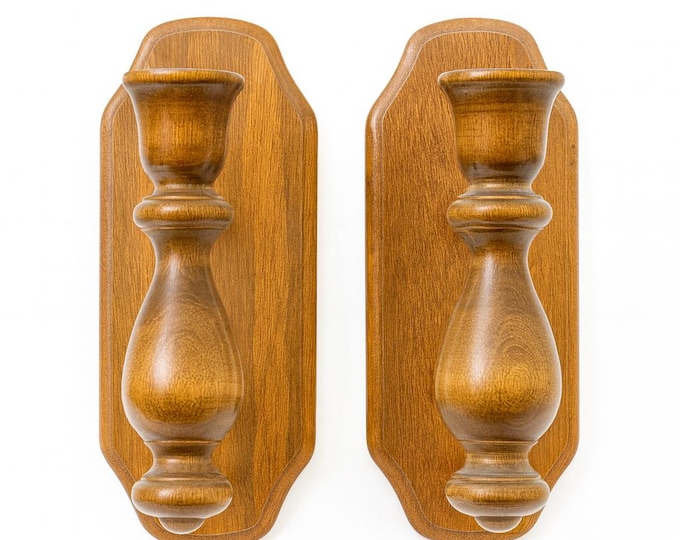 Wall Sconces Wood Turned |  Pair Set 2 (2) Candle Holders | Primitive Country Rustic Farm Cottage Granny Core | Wooden Wall Home Decor