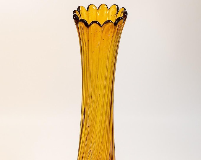 Swung Stretch Finger Glass Vase Fluted Twisted Column Ribbed | Vintage MCM Mid Century  Amber Orange Collectible Collector Glassware