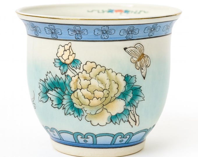 Fish Bowl Planter Cachepot Jardiniere Ceramic  | Vintage Chinese Japanese Chinoiserie |  Hand Painted Butterfly Flowers Garden | Home Decor