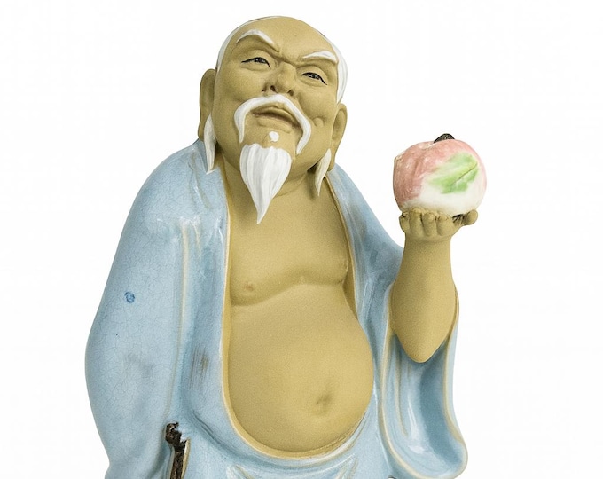 Mudman Figurine Statue | Vintage Chinese Shiwan Glazed Mud man Pottery Scholar Fruit |  Asian Collectible Home Decor Decorative Accent