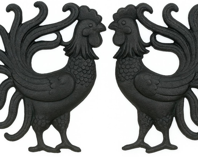Wall Plaques Hanging Black Cast Iron Roosters Pair Set 2 Mirrored | Kitchen Home Decor Farmhouse Primitive Country Americana CottageCore