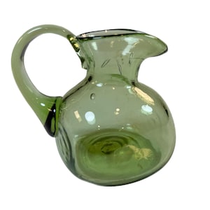 Mini Pitcher Creamer Green Handled | Hand-Blown | Collectible Art Glass | Vintage Mid Century Kitchen Decor | Home Decor Decorative Accents