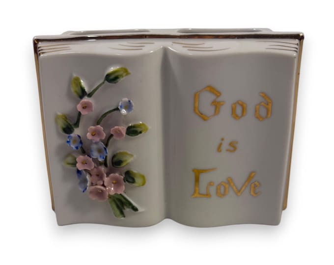 Wall Pocket Vase Planter | Lefton China God is Love Floral Bible | Bouquet of Flowers Gold Trimmed  | Vintage Religious Home Decor Gifts