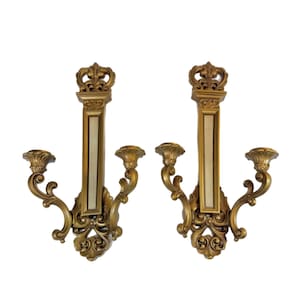 Doppelarm-Wandkerzenhalter | Siroco Vintage Gold Verziert | Paarset 2 | Mid Century Vintage Retro Hollywood Regency | Wohndekor