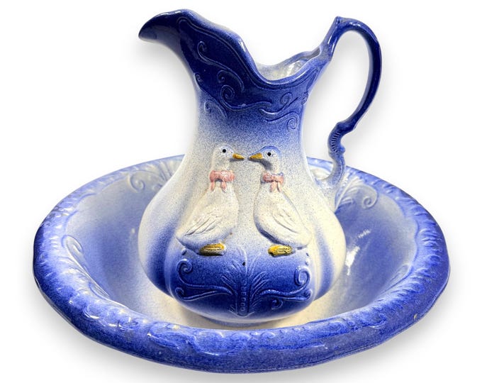 Ironstone Wash Basin & Pitcher Set | Blue and White Geese Motif Vintage Granny Cottage Core Farmhouse Primitive Home Decor Decorative Accent